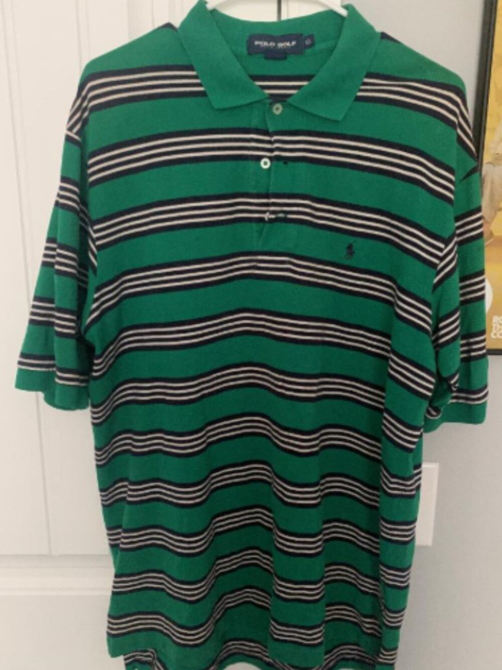 Vintage Ralph Lauren Polo GOLF Men Shirt XL Green Blue Stripe Short Sleeve Rugby